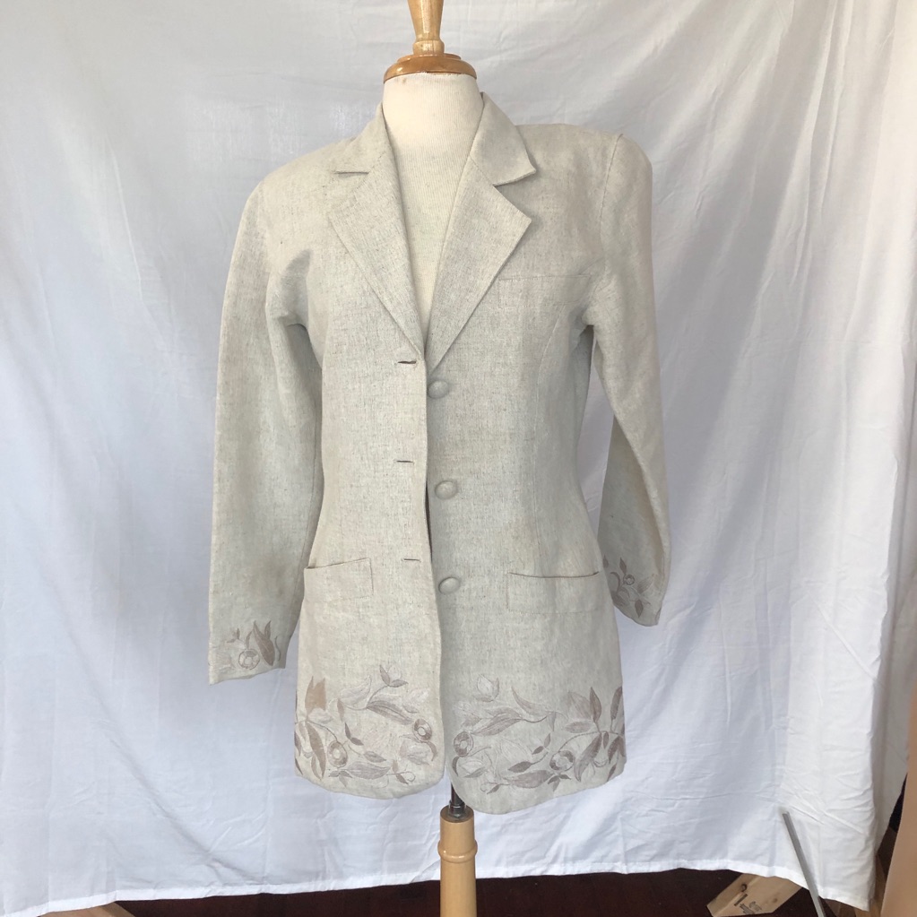 Vintage 90s Beige Retro 100% Linen Embroidered Jacket Blazer Ann Taylor Small